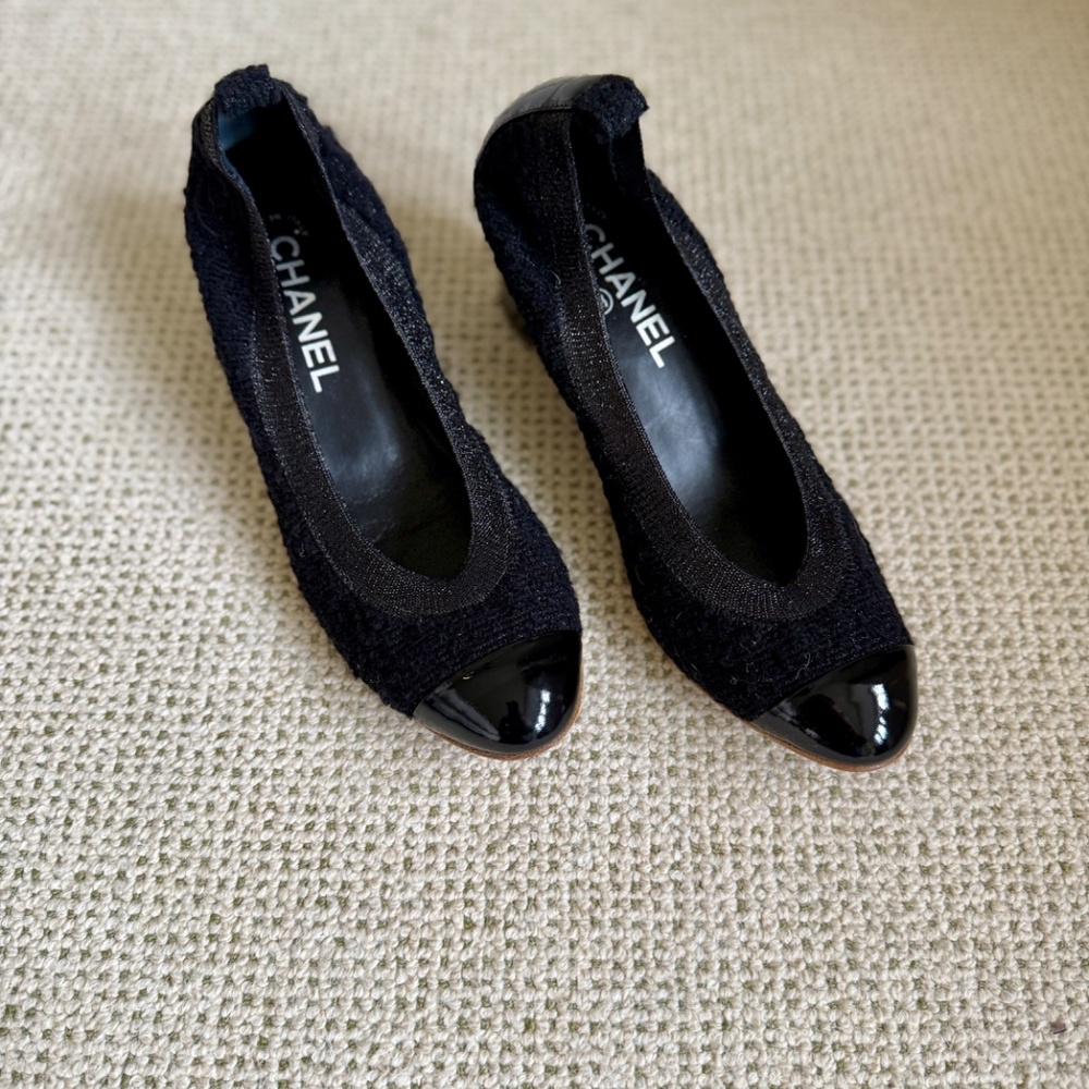CHANEL Vintage Tweed Slingback Pumps Black 38.5 Karl Lagerfeld